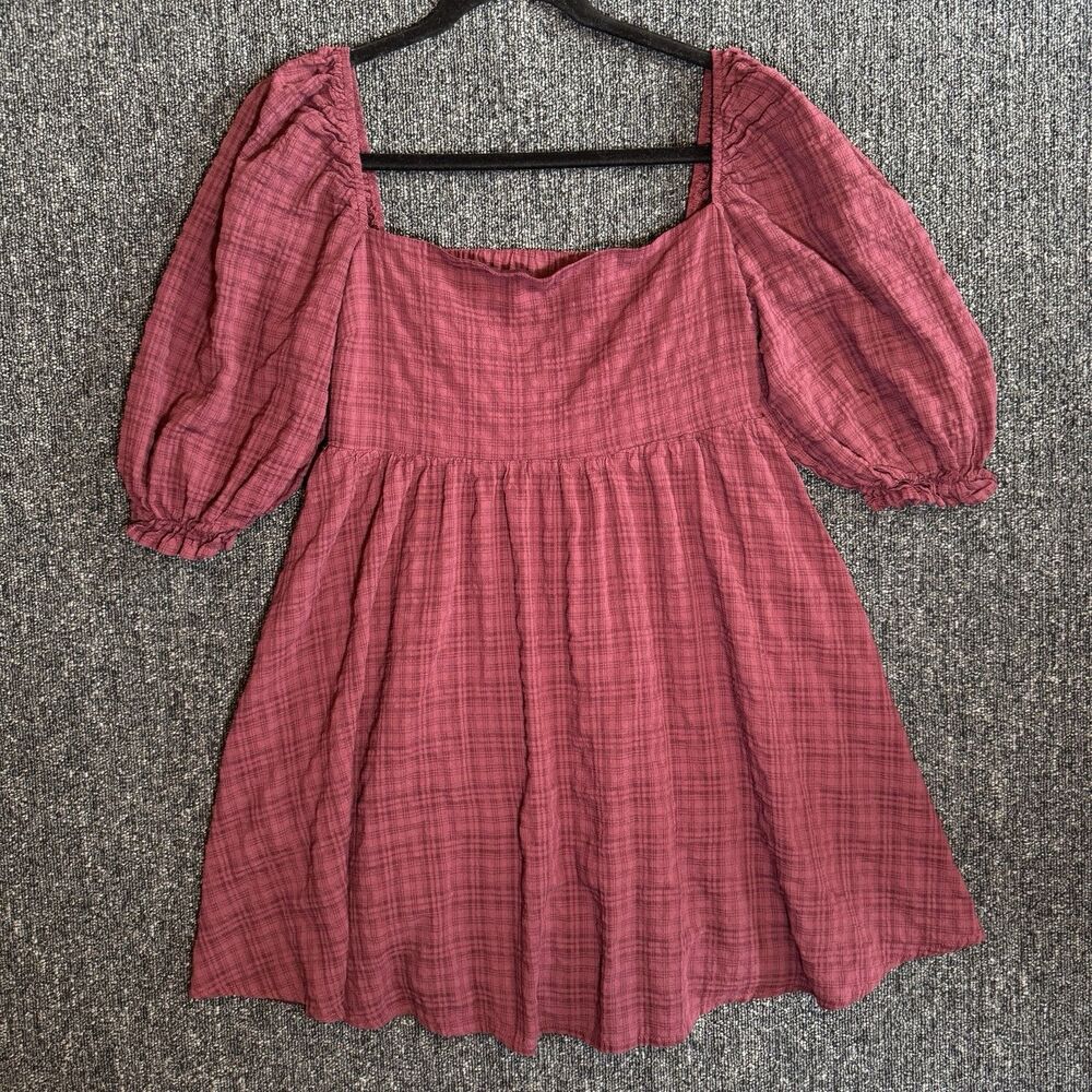 Windsor Puff Sleeve Mini Dress Womens Sz L Burgundy Plaid Babydoll Square Neck